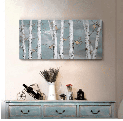 38% Off Teal Wall Art – Hand-Painted Landscape Forest Oil Painting with Gold Bird and Birch Tree, Perfect for Home or Office Décor