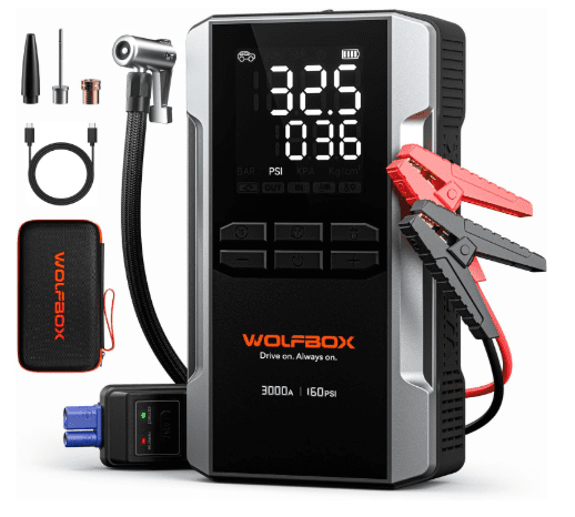 WOLFBOX 3000A Jump Starter with Air Compressor – 41% Off Limited Time Deal, Powerful 16000mAh Battery & Fast Charging for Cars
